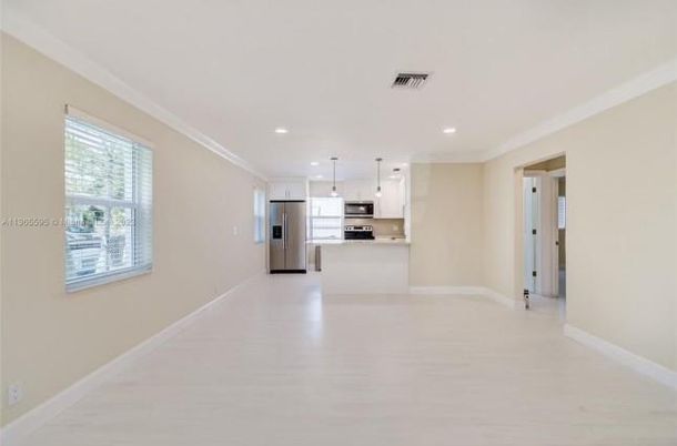 Empty room, Interior, Kitchen, Pendant Lights, Recessed Lighting, Stainless Steel Appliances