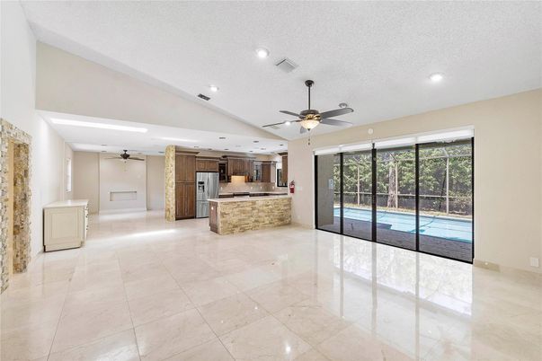 Empty room, Interior, Kitchen, Recessed Lighting, Stainless Steel Appliances