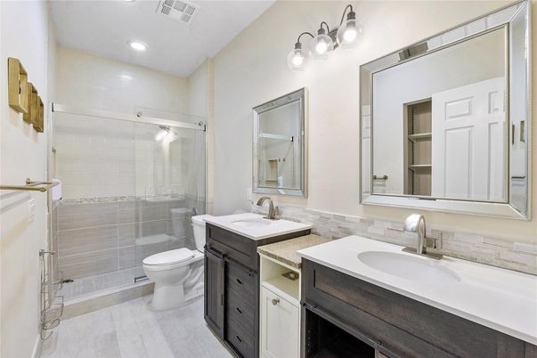 Bathroom, Dual Sink Vanities, Glass Shower, Interior, Recessed Lighting
