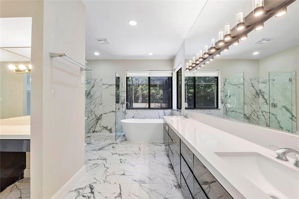 Bathroom, Dual Sink Vanities, Free Standing Baths, Interior, Marble, Marble Walls, Recessed Lighting
