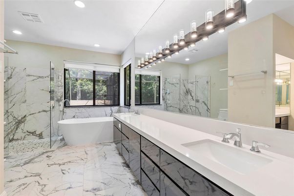 Bathroom, Dual Sink Vanities, Free Standing Baths, Interior, Marble, Marble Walls, Recessed Lighting