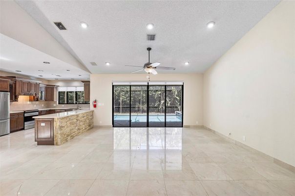 Empty room, Interior, Kitchen, Recessed Lighting, Stainless Steel Appliances