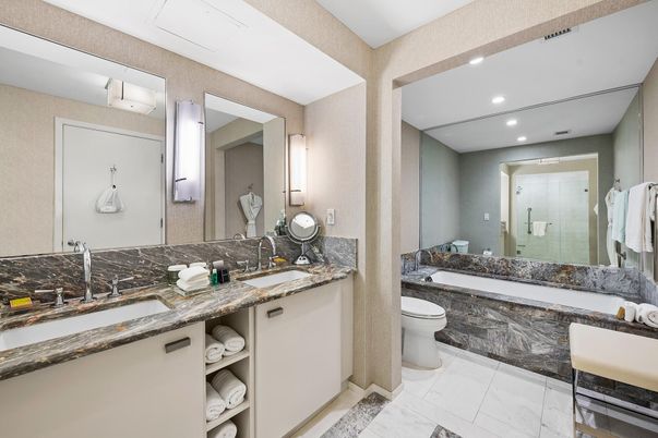 Bathroom, Dual Sink Vanities, Interior, Marble, Recessed Lighting