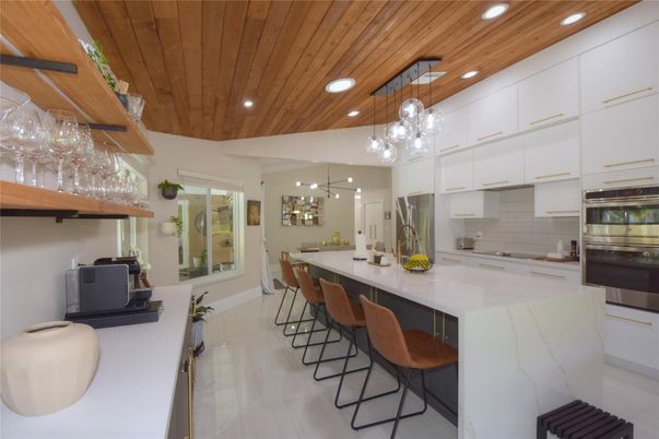 Dining room, Interior, Kitchen, Pendant Lights, Recessed Lighting, Stainless Steel Appliances, Wooden Ceilings