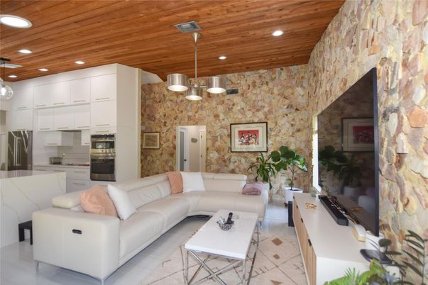 Interior, Kitchen, Living room, Pendant Lights, Recessed Lighting, Stainless Steel Appliances, Stone Walls, Wooden Ceilings