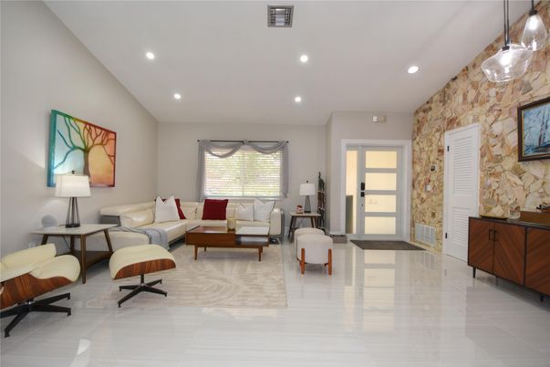 Interior, Living room, Recessed Lighting, Stone Walls