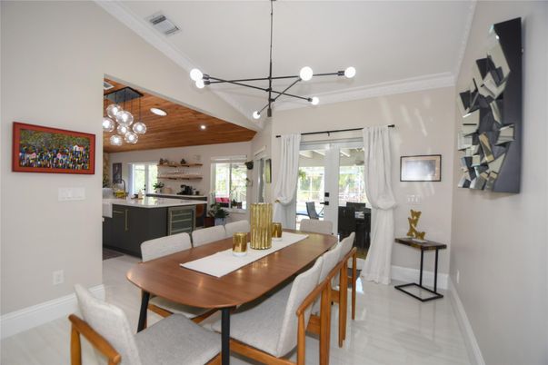 Dining room, Interior, Kitchen, Pendant Lights, Recessed Lighting, Wooden Ceilings