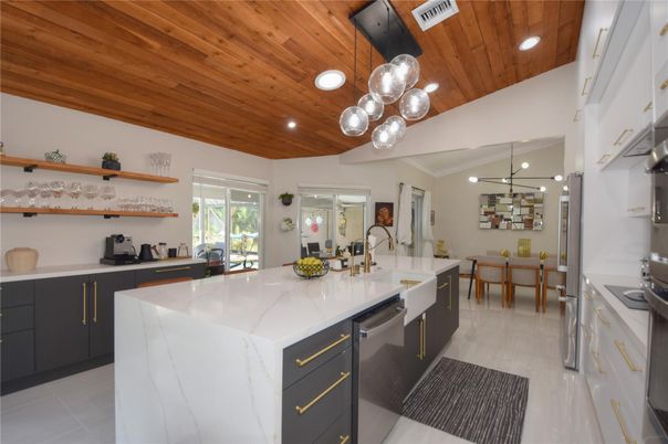 Dining room, Interior, Kitchen, Pendant Lights, Recessed Lighting, Wooden Ceilings