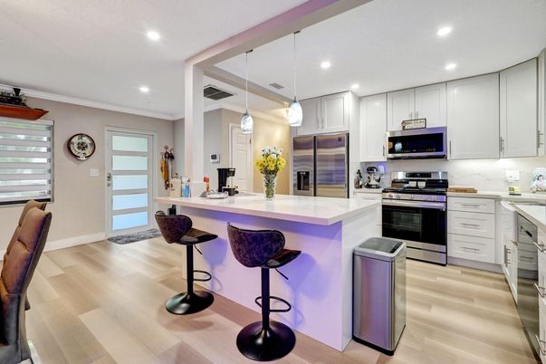 Interior, Kitchen, Pendant Lights, Recessed Lighting, Stainless Steel Appliances, Wood Texture Flooring