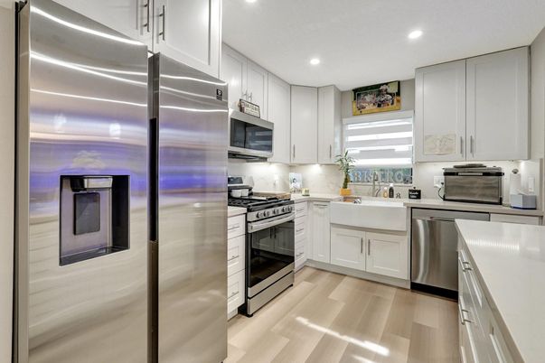 Interior, Kitchen, Recessed Lighting, Stainless Steel Appliances, Wood Texture Flooring