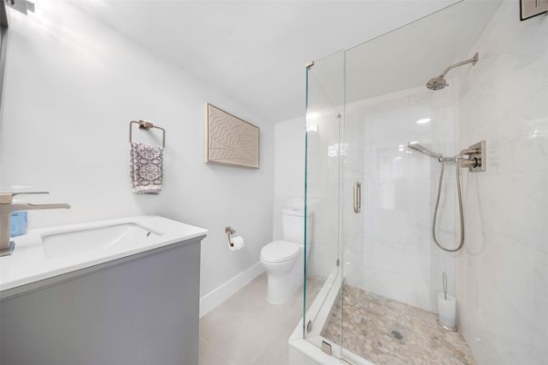 Bathroom, Glass Shower, Interior, Marble Walls, Recessed Lighting