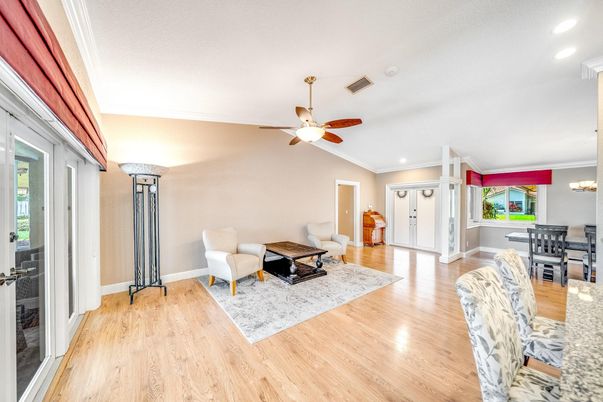 Dining room, Interior, Living room, Recessed Lighting, Wood Texture Flooring