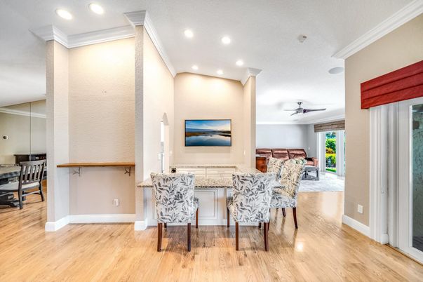 Dining room, Interior, Recessed Lighting, Wood Texture Flooring