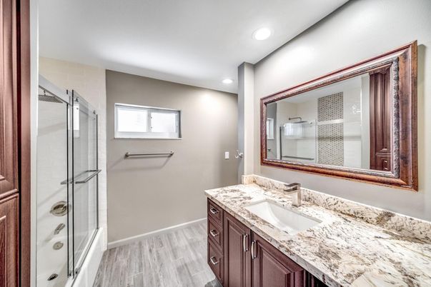 Bathroom, Glass Shower, Interior, Recessed Lighting, Wood Texture Flooring