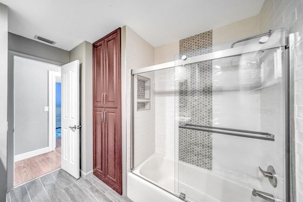 Bathroom, Glass Shower, Interior, Wood Texture Flooring