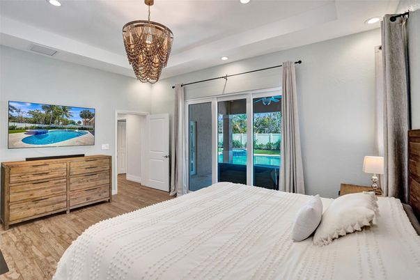 Bedroom, Interior, Pendant Lights, Recessed Lighting, Wood Texture Flooring