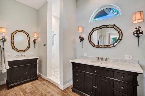 Bathroom, Dual Sink Vanities, Interior, Recessed Lighting, Wood Texture Flooring