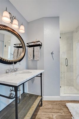 Bathroom, Glass Shower, Interior, Marble Walls, Wood Texture Flooring