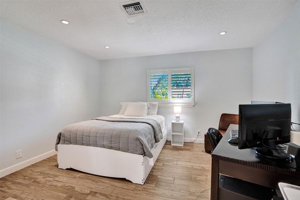 Bedroom, Interior, Recessed Lighting, Wood Texture Flooring