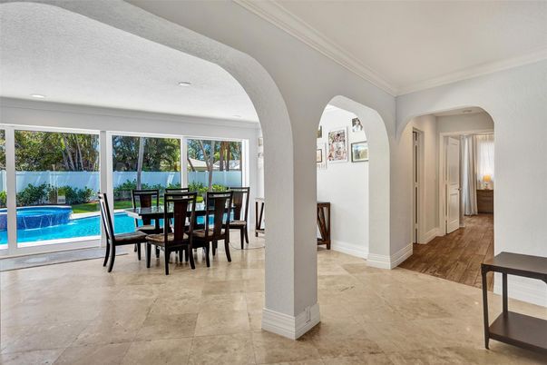Dining room, Interior, Recessed Lighting, Wood Texture Flooring