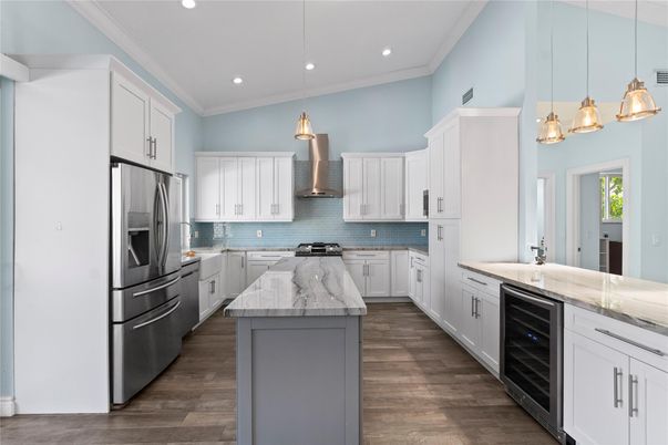 Interior, Kitchen, Pendant Lights, Recessed Lighting, Stainless Steel Appliances, Wood Texture Flooring