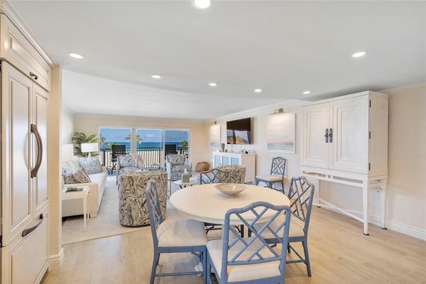 Dining room, Interior, Living room, Recessed Lighting, Water, Wood Texture Flooring