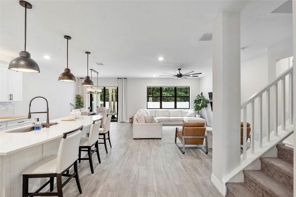 Dining room, Interior, Kitchen, Living room, Pendant Lights, Recessed Lighting, Wood Texture Flooring