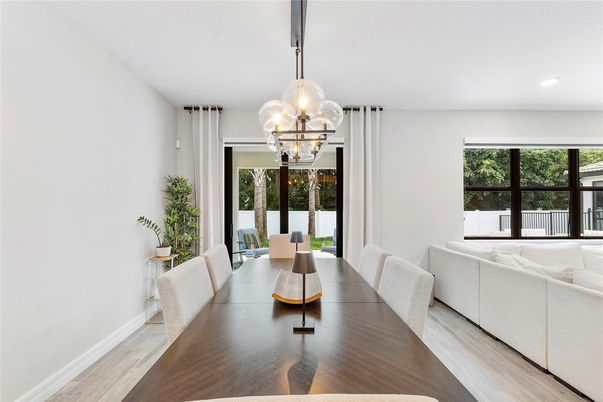 Dining room, Interior, Pendant Lights, Recessed Lighting, Wood Texture Flooring