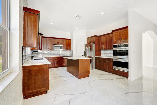 Interior, Kitchen, Marble, Recessed Lighting, Stainless Steel Appliances