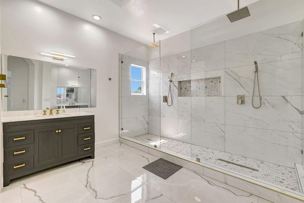 Bathroom, Glass Shower, Interior, Marble, Marble Walls, Recessed Lighting