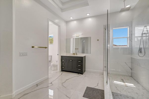 Bathroom, Glass Shower, Interior, Marble, Marble Walls, Recessed Lighting