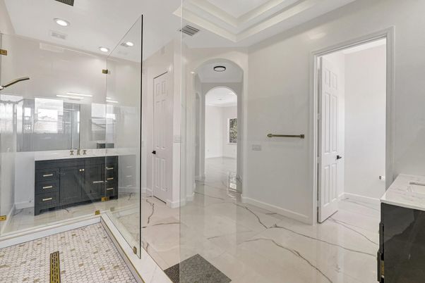 Bathroom, Glass Shower, Interior, Marble, Recessed Lighting