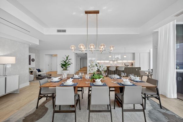 Dining room, Interior, Pendant Lights, Wood Texture Flooring