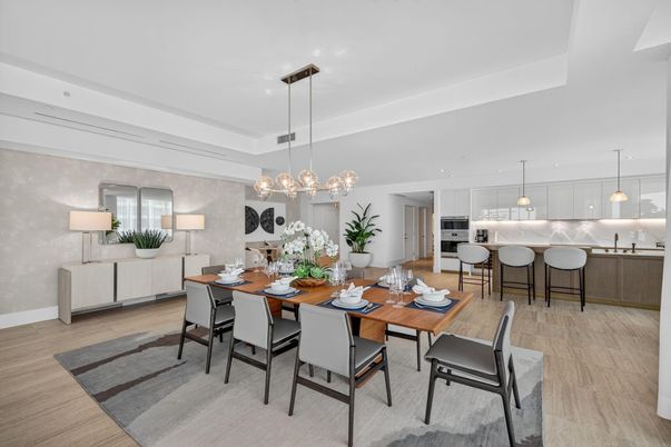 Dining room, Interior, Kitchen, Pendant Lights, Recessed Lighting, Stainless Steel Appliances, Wood Texture Flooring