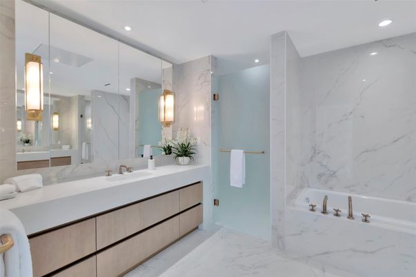 Bathroom, Dual Sink Vanities, Interior, Marble, Marble Walls, Recessed Lighting