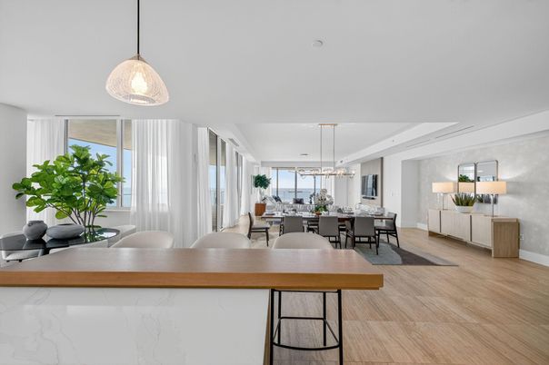 Dining room, Interior, Pendant Lights, Wood Texture Flooring