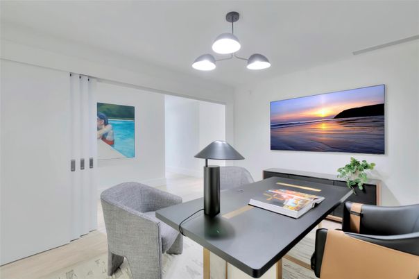 Home Office, Interior, Pendant Lights, Wood Texture Flooring