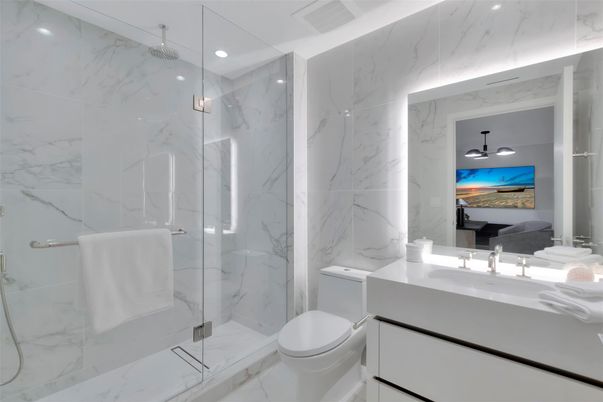 Bathroom, Glass Shower, Interior, Marble, Marble Walls, Recessed Lighting