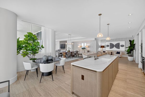 Dining room, Interior, Kitchen, Pendant Lights, Recessed Lighting, Wood Texture Flooring
