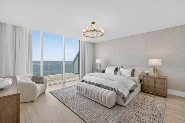 Bedroom, Chandelier, Interior, Water, Wood Texture Flooring