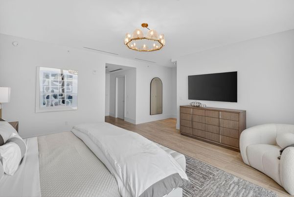 Bedroom, Chandelier, Interior, Wood Texture Flooring
