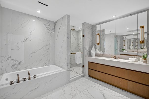 Bathroom, Dual Sink Vanities, Glass Shower, Interior, Marble, Marble Walls, Recessed Lighting