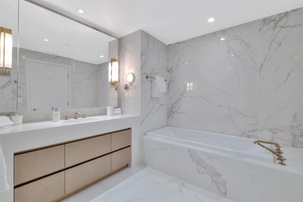 Bathroom, Dual Sink Vanities, Interior, Marble, Marble Walls, Recessed Lighting