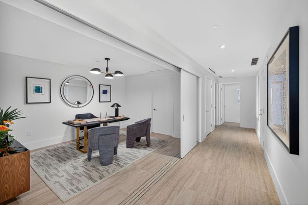 Home Office, Interior, Pendant Lights, Recessed Lighting, Wood Texture Flooring