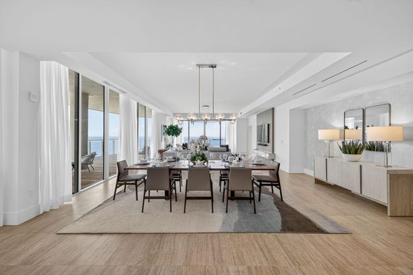 Dining room, Interior, Pendant Lights, Water, Wood Texture Flooring