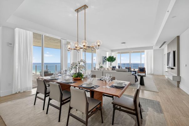 Dining room, Interior, Living room, Pendant Lights, Water, Wood Texture Flooring