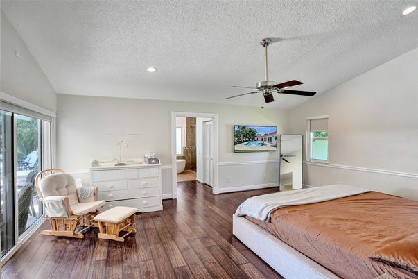 Bedroom, Interior, Recessed Lighting, Wood Texture Flooring