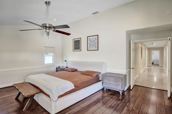 Bedroom, Interior, Recessed Lighting, Wood Texture Flooring