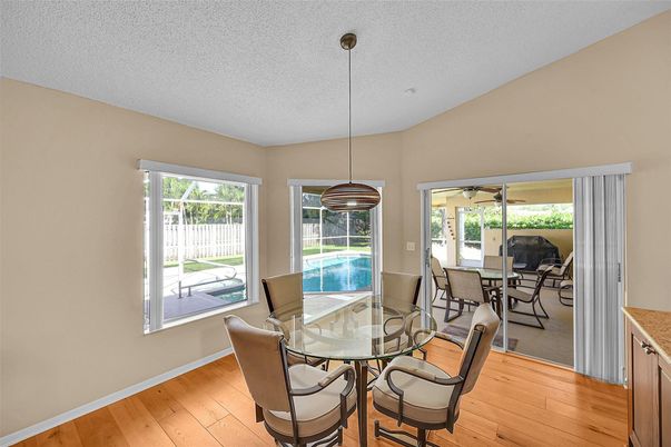 Dining room, Interior, Pendant Lights, Wood Texture Flooring