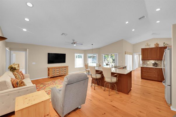 Dining room, Interior, Kitchen, Living room, Pendant Lights, Recessed Lighting, Wood Texture Flooring